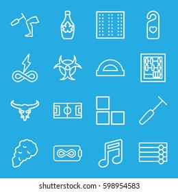 Set of 16   outline icons such as bull skull, field, brick wall, wooden wall, maple syrup, heart tag, knee hammer reaction check, medical hammer
