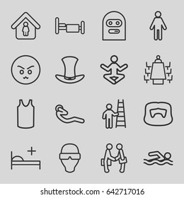 Set of 16 outline icons such as man hairstyle, singlet, bed, workout, medical bed, meeting, hat