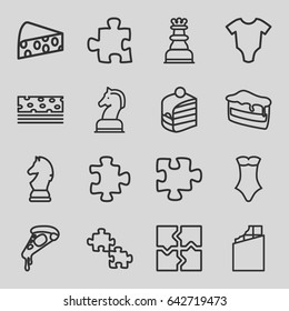 Set of 16 outline icons such as baby onesie, puzzle, swimsuit, piece of cake, pizza, cheese, chess horse.