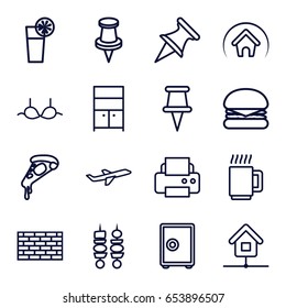 Set of 16 outline icons such as wardrobe, bra, printer, pizza, pin, plane