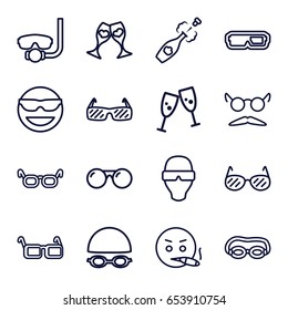Set of 16 outline icons such as mustache and glasses, champagne, smoking emot