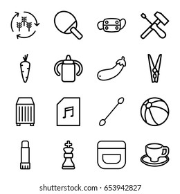 Set of 16 outline icons such as harvest, carrot, baby bottle, beach ball