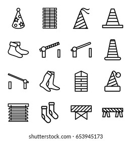 Set of 16 outline icons such as barrier, cone barrier, shutter blinds, socks