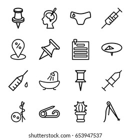 Set of 16 outline icons such as pin, underwear, needle button, shower