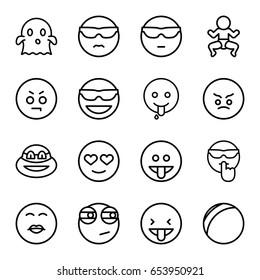 Set of 16 outline icons such as emot in sun glasses, cool emot in sunglasses