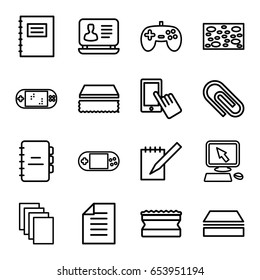 Set of 16 outline icons such as pointer on display, finger on display
