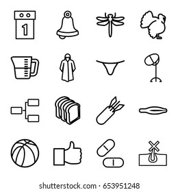 Set of 16 outline outline icons such as dragonfly, turkey, tweezers, no hair in skin, hair dryer, overcoat, female underwear, bread slices, pill, basketball