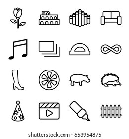 Set of 16 outline icons such as hedgehog, hippopotamus, rose, fence