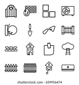 Set of 16 outline icons such as fence, trowel, glued note, air conditioner