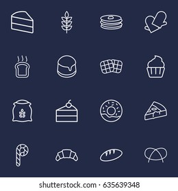 Set Of 16 Oven Outline Icons Set.Collection Of Donuts, Waffle, Pudding And Other Elements.