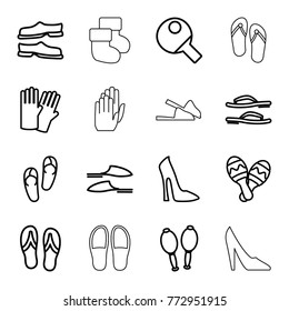 Set of 16 pair outline icons such as glove, woman shoe, flip flops, slippers, maracas, maraca, table tennis