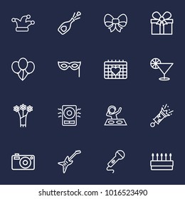 Set of 16 party icons line style set. Collection of event, microphone, electro and other elements.