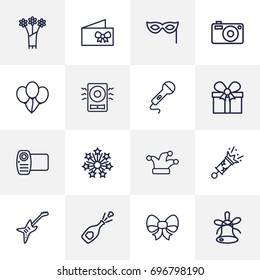 Set Of 16 Party Outline Icons Set.Collection Of Decorative, Amplifier, Card And Other Elements.
