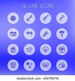 Set Of 16 Party Outline Icons Set.Collection Of Decorative, Mask, Camera And Other Elements.