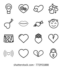 Set of 16 passion outline icons such as heart, emot in love, broken heart