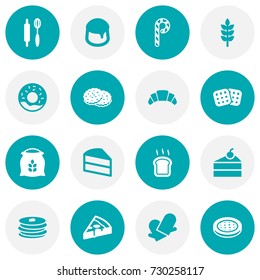 Set Of 16 Pastry Icons Set.Collection Of Sack, Pepperoni, Slice Bread And Other Elements.