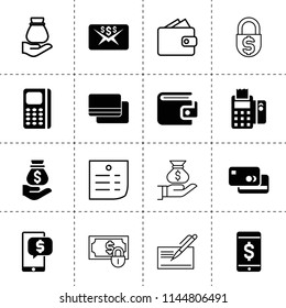 Set of 16 pay filled and outline icons such as money transfer, wallet, credit card, pos terminal, money sack on hand, dollar sign on phone, pos terminal, cheque