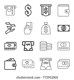 Set of 16 pay outline icons such as money on hand, atm money withdraw, dollar, credit card, wallet, dollar sign