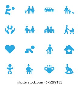 Set Of 16 People Icons Set.Collection Of Heart, Rocking Chair, Father With Son And Other Elements.