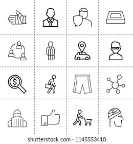 Set of 16 people outline icons such as businessman, man, money search, insurance, communication, car pin, swimming pool, social network, like, bandaged hand, bandaged head