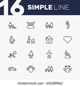 Set Of 16 People Outline Icons Set.Collection Of Car, Man In Armchair, Diaper And Other Elements.