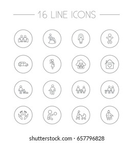 Set Of 16 People Outline Icons Set.Collection Of Home, Grangmother, Boy And Other Elements.