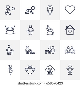 Set Of 16 People Outline Icons Set.Collection Of Playing, Diaper And Other Elements.