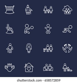 Set Of 16 People Outline Icons Set.Collection Of Grandmother, Playing, Crib And Other Elements.