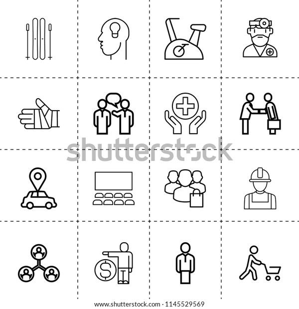 Set of 16\
people outline icons such as businessman, businessmen\
communication, businessman handshake, structure, car pin, idea,\
builder, man and money, cinema hall,\
doctor