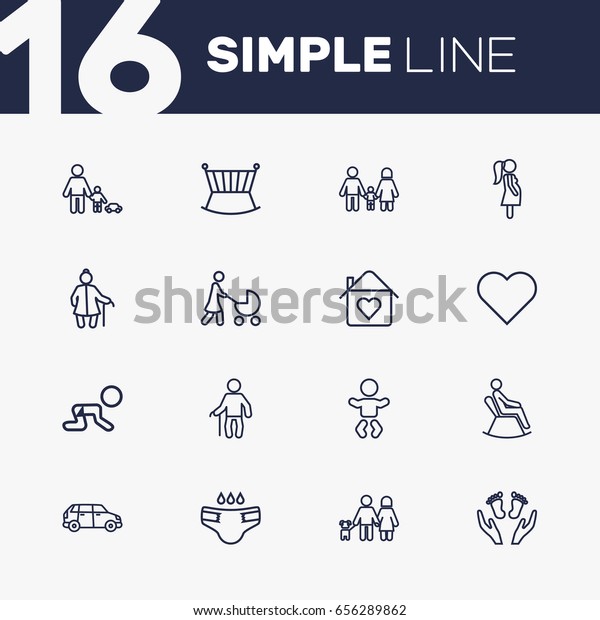 Set Of 16 People Outline Icons\
Set.Collection Of Car, Man In Armchair, Diaper And Other\
Elements.