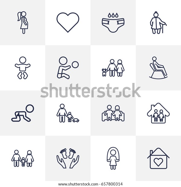 Set Of 16 People Outline\
Icons Set.Collection Of Parents, Skipping Rope, Boy And Other\
Elements.