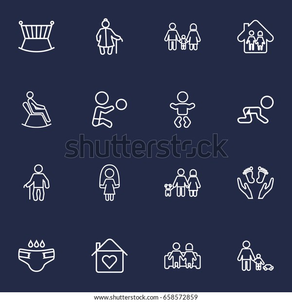 Set Of 16 People Outline Icons\
Set.Collection Of Grandmother, Playing, Crib And Other\
Elements.