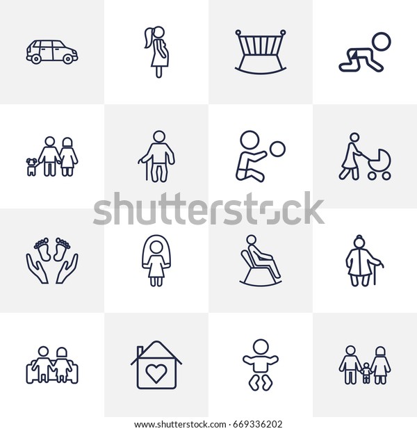 Set Of 16 People\
Outline Icons Set.Collection Of Man In Armchair, Car, Pregnant\
Woman And Other Elements.