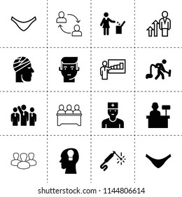 Set of 16 person filled and outline icons such as businessman group, man with vacuum cleaner, woman with garbage, man, welding, ley lock in head, doctor, cashier