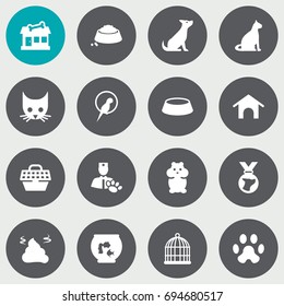 Set Of 16 Pets Icons Set.Collection Of Food, Pet Crate, Sitting And Other Elements.