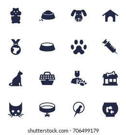 Set Of 16 Pets Icons Set.Collection Of Neckband , Sitting, Veterinarian Elements.
