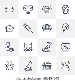 Set Of 16 Pets Outline Icons Set.Collection Of Sitting, Vet, Carries And Other Elements.