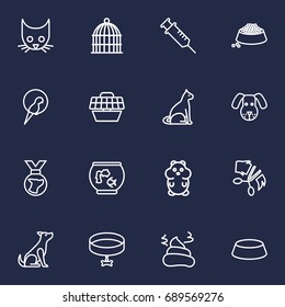 Set Of 16 Pets Outline Icons Set.Collection Of Medal, Puppy, Bird Prison And Other Elements.