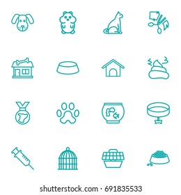 Set Of 16 Pets Outline Icons Set.Collection Of Bird Prison, Collar, Medal And Other Elements.