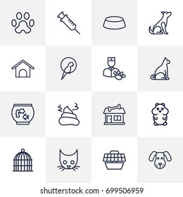 Set Of 16 Pets Outline Icons Set.Collection Of Bowl, Pile Of Poo, Vaccination And Other Elements.