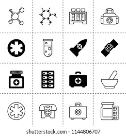 Set of 16 pharmacy filled and outline icons such as first aid kit, medical, patch, molecule, rocket medical, medicine pills, medicine