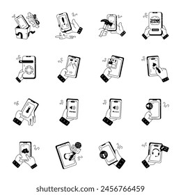 Set of 16 Phone Apps Doodle Icons 

