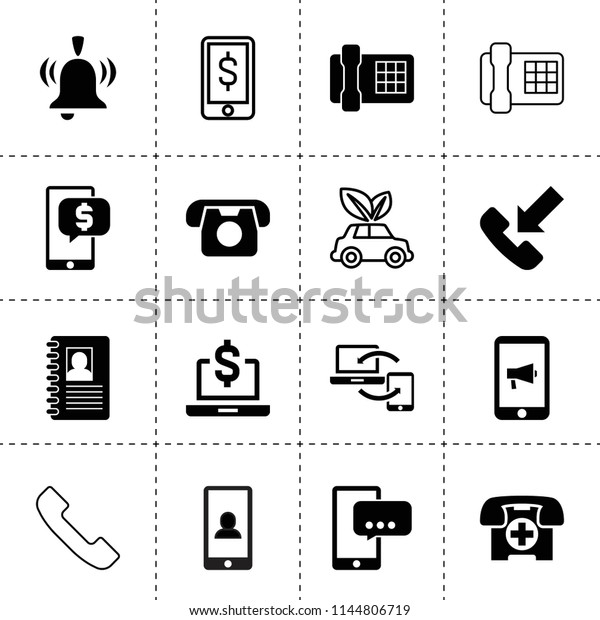 Set of 16 phone filled and outline\
icons such as contact book, incoming call, phone, message on phone,\
synchronization, dollar sign on display, bell, eco\
car