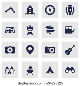 Set Of 16 Picnic Icons Set.Collection Of First Aid Box, Camp, Bbq And Other Elements.
