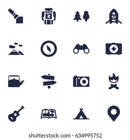 Set Of 16 Picnic Icons Set.Collection Of Inflatable Raft, Photo Camera, First Aid Box And Other Elements.