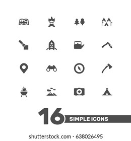 Set Of 16 Picnic Icons Set.Collection Of Kettle, Camp, Campfire And Other Elements.