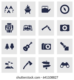 Set Of 16 Picnic Icons Set.Collection Of Backpack, Bbq, Flashlight And Other Elements.