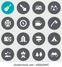 Set Of 16 Picnic Icons Set.Collection Of Campfire , Landscape , Kettle Elements.