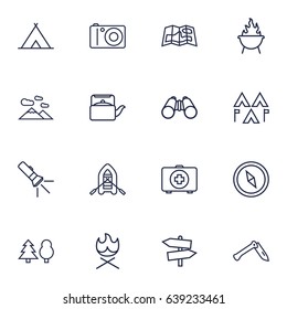 Set Of 16 Picnic Outline Icons Set.Collection Of Grill, Shelter, Bonfire And Other Elements.