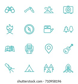 Set Of 16 Picnic Outline Icons Set.Collection Of Compass, Teapot, Guitar And Other Elements.